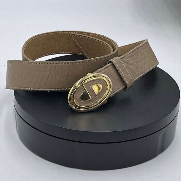 Christian Dior Tan Leather Belt Gold Tone Enamel Logo Buckle Sz Sm 30” - Picture 1 of 16